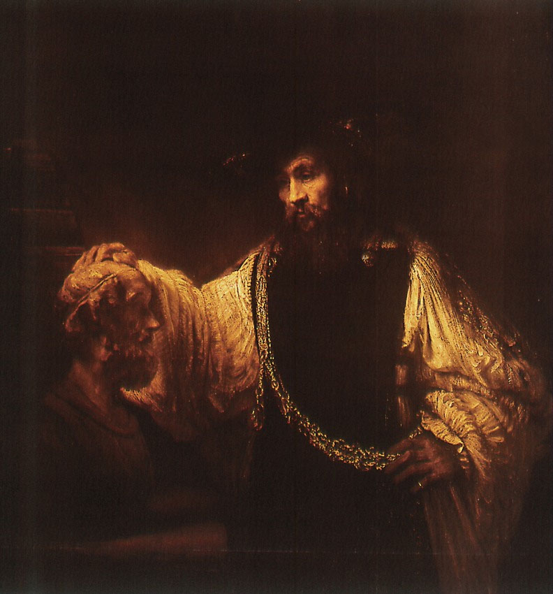 Titre :  Aristote avec un buste d'Homère  Dimensions :  136.5 x 143.5 cm     Peintre :  Rembrandt  Type de peinture :  Huile sur toile     Année :  1653  Mouvement :  Baroque     Exposition :  Metropolitan Museum of Art, New York   